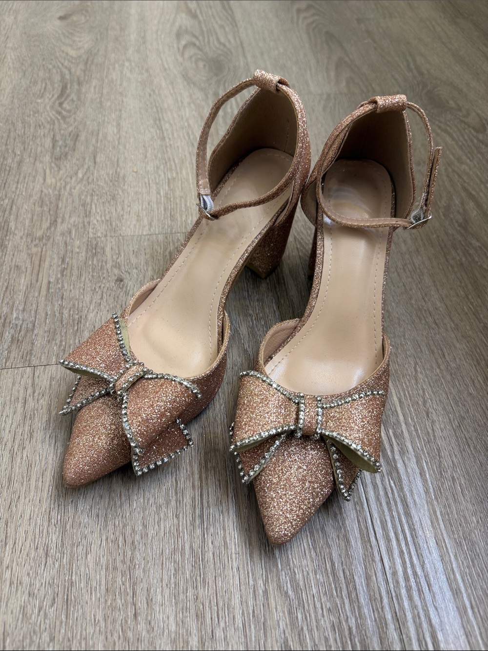 Pointed-Toe Ankle-Strap Heels with Bow - Rose Gold Glitter
